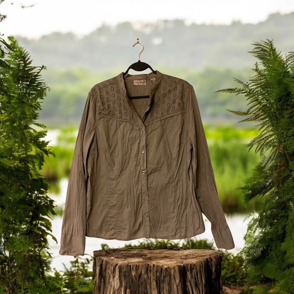 i.e. Relaxed Light Olive Green Ladies Button-Up Shirt with Eyelet Lace